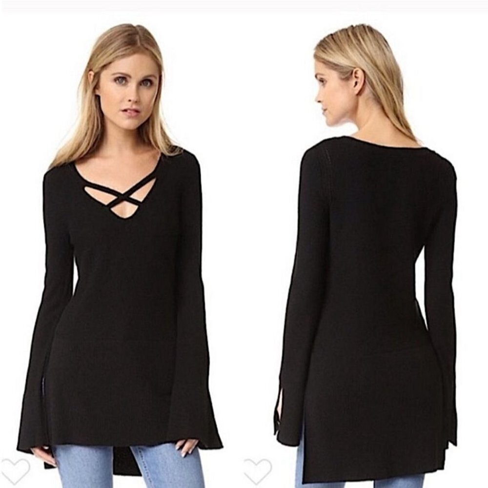 Free People Black Crisscross V Neck High Low Witchcore  Tunic Sweater Size XS